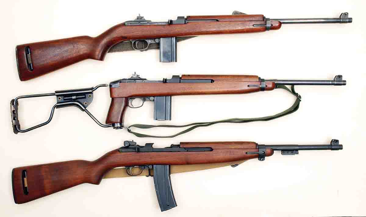 The three basic versions of U.S. .30 Carbines include the M1 (top), M1A1 (middle) and the M2 (bottom).